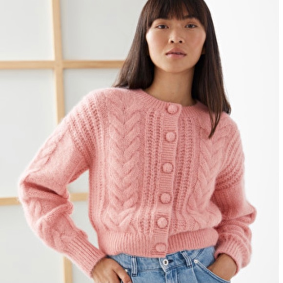 & Other Stories Sweaters - & Other Stories Cropped Cable Knit Cardigan Pink; Size XS
